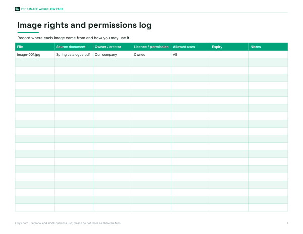 Preview of Image Rights Log Template